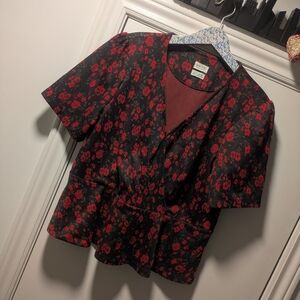 Anthropologie "Meadow  Rue" Red Black Floral Blouse Size XL